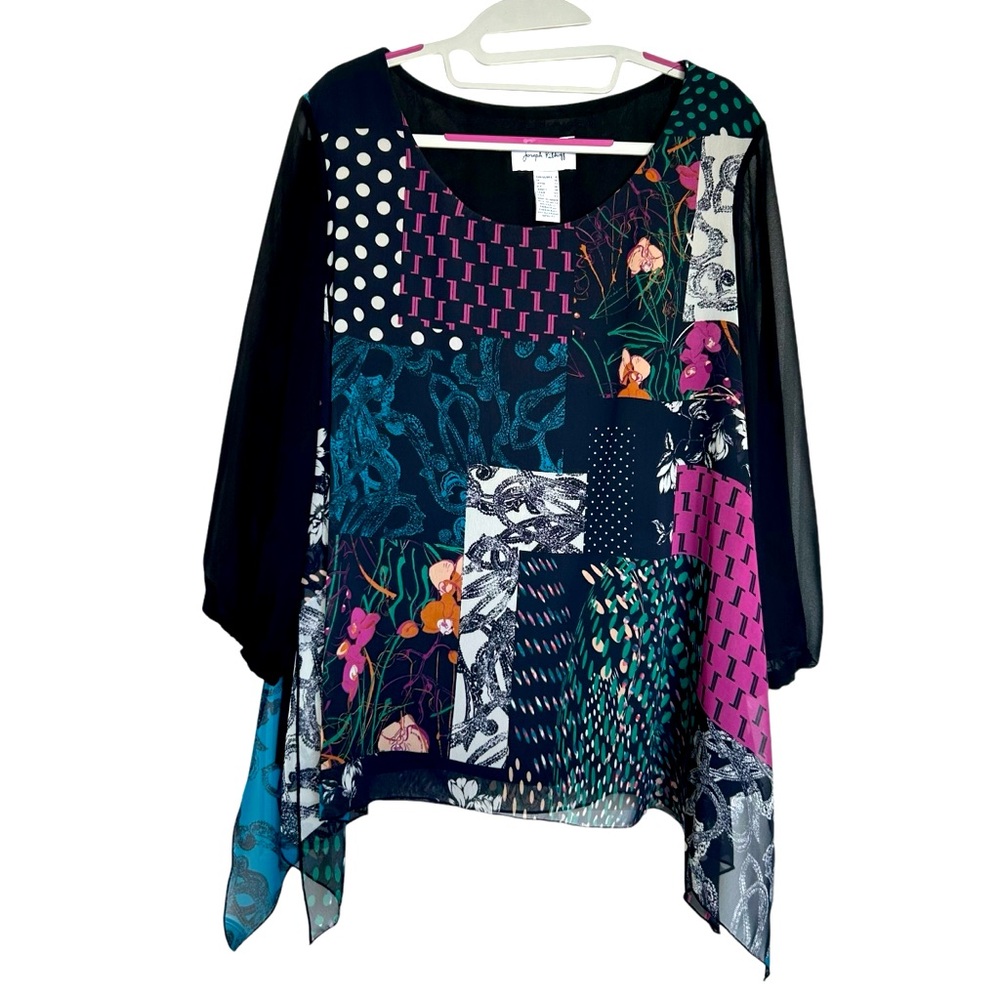 •Joseph Ribkoff Black Print Blouse Sz 8. Sheer 3/4 sleeves.Like New